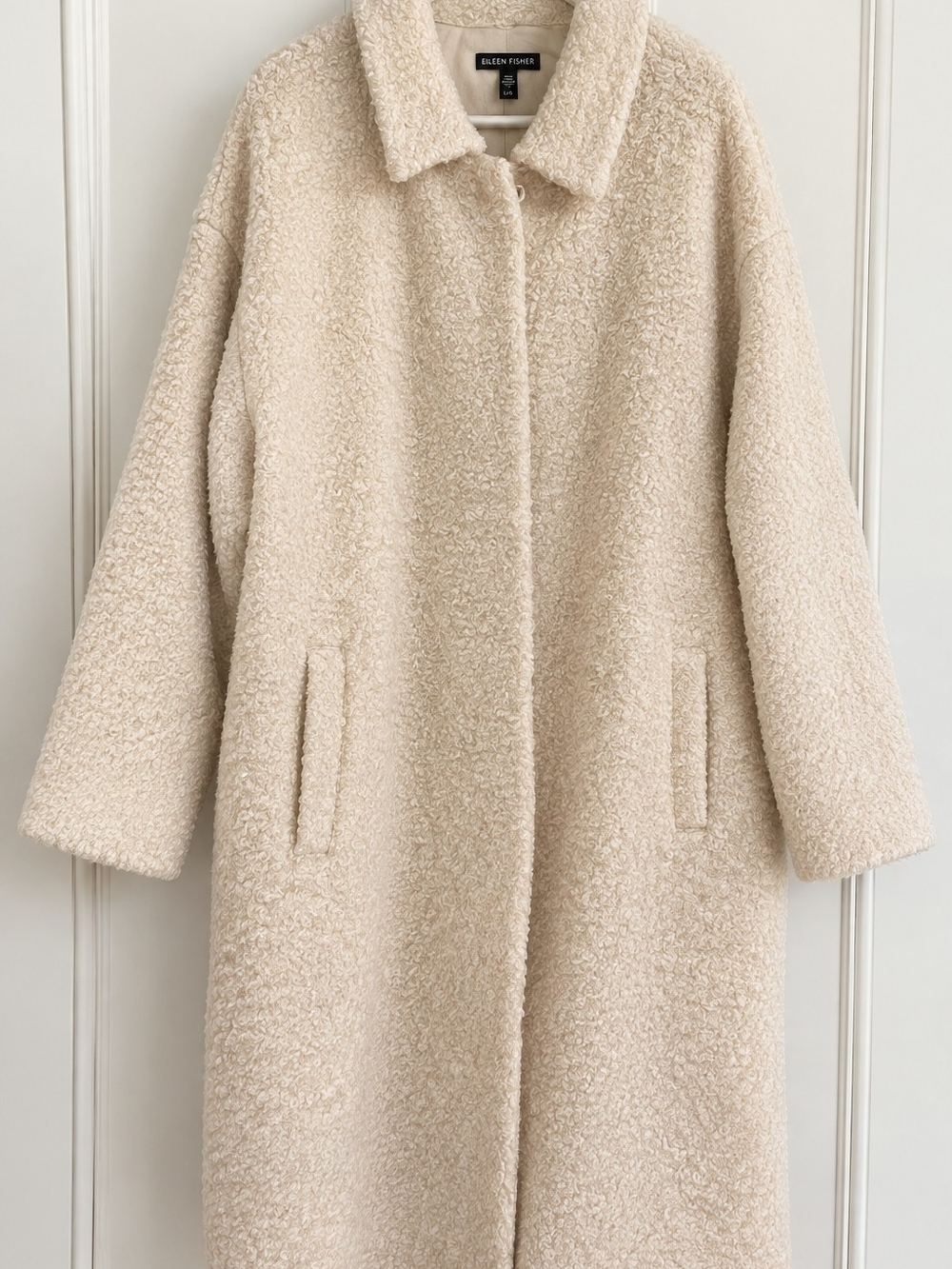 Eileen Fisher Suri Alpaca Bouclé Long Coat Ivory Cream L $325 ORIG. PRICE: $698